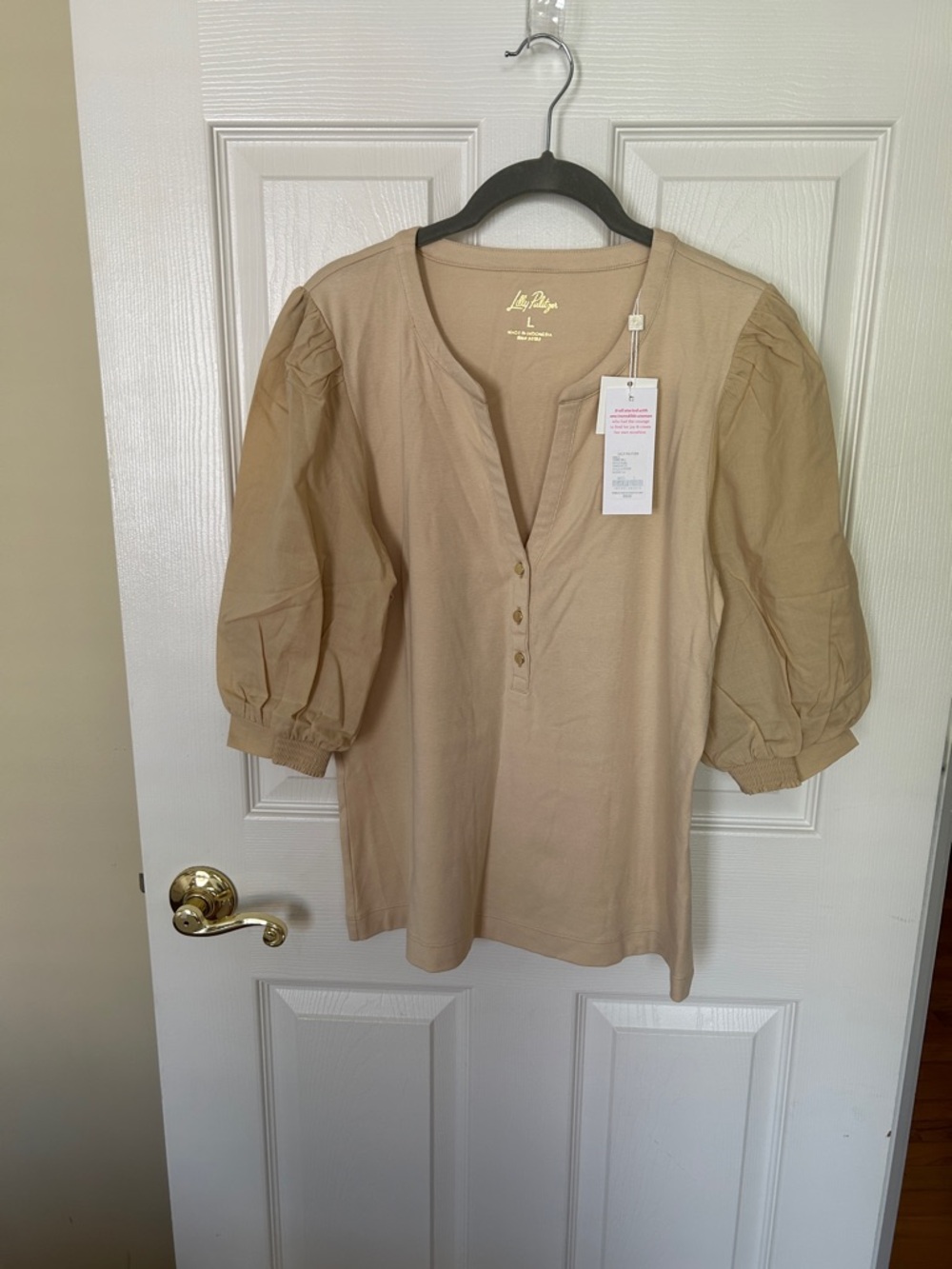 Lilly Pulitzer Beige Puff-Sleeve Henley Top